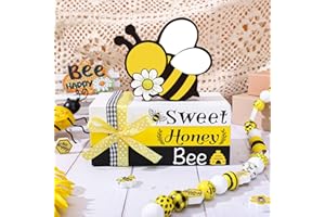 Whaline Bee Theme Wooden Books Stack and bee Flower Wood Centerpieces Sweet Honey Bee Faux Books Bundle with Ribbons Yellow Black White Stacked Books for Spring Home Farmhouse Party Tiered Tray Decor