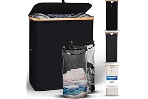 HENNEZ Wäschekorb mit Deckel 2 Fächer Wäschekorb schmal schwarz 141L Wäschesack - Wäschesortierer Anthrazit Wäschebox Wäschetonne schwarzer Wäschesammler mit Deckel Wäschetruhe dunkle Wäschekörbe