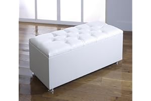 CROWNBEDSUK CROWN FAUX LEATHER DIAMANTE OTTOMAN TOY STORAGE BLANKET BOX (WHITE)