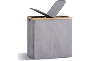 YOUDENOVA Cesto portabiancheria con coperchio, 2 scomparti, 90 l, pieghevole, in bambù, per la biancheria, sottile, colore: grigio