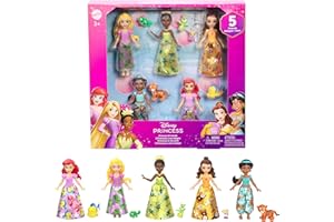 Mattel Disney Princesas y amigos Conjunto de juego con cinco muñecas pequeñas articuladas con faldas o pantalones extraíbles y cinco figuras de amigos, inspiradas en las películas de Disney, JBL33