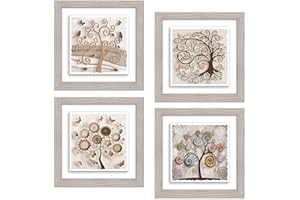 LUPIA Set 4 QUADRI Albero della vita dipinti su CERAMICA cornice Shabby MODERN Beige TREE