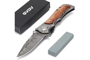 GVDV Couteau Pliant Poche avec Pierre à Aiguiser - Pliable de Survie Chasse en Acier Inoxydable 7Cr17, Poignée en Bois, Blocage de Sécurité, Cadeau fête des pères pour Homme, Papa