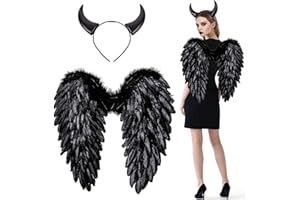 WINWILD Schwarz Engelsflügel mit Teufelshörner,60 cm Halloween Engel Flügel Heiligenschein Teufel Engel Kostüm Damen Halloween Kostüm Accessoire Angel Wings Groß für Fasching Party Verkleidung