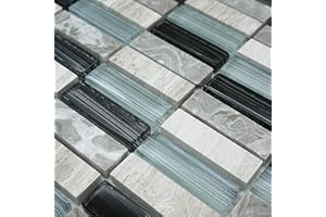 TOTAL LOOK DESIGN TILES AND INTERIORS Milan Light Blue Glass and Marble Rectangle Mosaic Tiles Sheet 30cm x 30cm