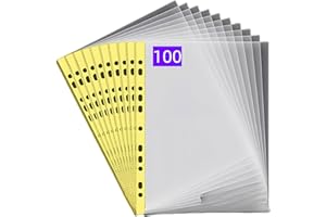 PUTOAHAO 100 Pezzi Buste Trasparenti Anelli A4,Cartelline Trasparenti A4 in PP (0.06mm,60 micron),11 Fori per 2/3/4 Anelli,Formato DINA4 (20-30 Fogli),per Scuola/Ufficio/Casa (Lato giallo,6C-100)