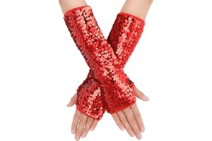 Yolev Guantes de Lentejuelas Guantes sin Dedos Mujer Guantes de Borla Rojo Guantes de Baile Guantes Largos con Brillo de Escamas de Pescado Carnaval Disfraz de Fiesta de Halloween