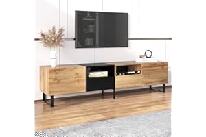 Azkoeesy Mueble TV Salón con 2 Cajones y 2 Armarios, Patas Metálicas Estables, Color Natur con Negro, 190 x 38 x 48 cm