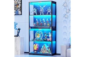 BROTTAR Display Cabinets with Glass Doors, Storage Cabinet with 3 Color Lights and Intelligent Human Sensor, Bookcase for Living Room, Glass Display Cabinets for Collectibles Trophy Books Black