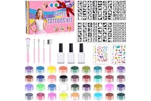 SWIECEDON Glitzer Tattoo Set, Glitzertattoos Kinder Set für Mädchen - 36 Farben,220 Tattoos Schablonen Temporäre Kinder Inkl. 5 Pinsel & 3 Kleber Geschenk für Mädchen Geburtstag Party Ostern Weihnachten