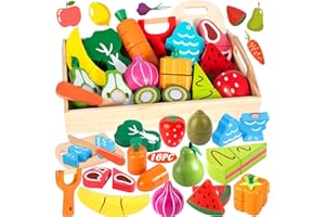 Vautvis Jeu de Fruits Et Légumes en Bois - 16 Pièces Cuisine Enfant - Jouet Éducatif - Cadeau pour Garçon Fille