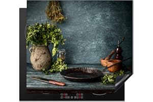 KitchenYeah© Induction Hob Protector Mat 20.5"x23.6" / 60x52 cm Cooker Top Protectors Cover Ceramic Covers Electric Hobs Vinyl Herbs - Spices - Pan - Knife - Grey - Rustic