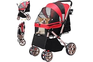 DWVO Pet Stroller for Small Medium Dogs 22kg With Storage Basket, Cup Holder - Foldable Cats and Puppies Pushchair (Red)