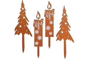 LJEVANDRIA Set of 4 Rust Christmas Tree Candles Christmas Decoration Outdoor Garden Stake Rust Stake Christmas Decoration Outdoor Garden Decoration Made of Rust Flower Stake Christmas for Advent Christmas Garden