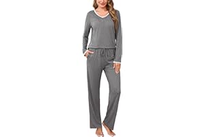 Litherday Pigiama Donna Invernale Cotone Maniche Lunghe Pigiami Due Pezzi da Donna Morbido e Leggero Pantaloni a Quadri Set Pigiamas da Notte con Tasca