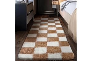 HUGEAR Alfombras de Pasillo 60x180cm Pelo Largo a Cuadros Larga Marrón Blanco Suave Alfombras Antideslizante Modernas Habitacion Juvenil Pie de Cama Cocina Dormitorio Comedor Salón