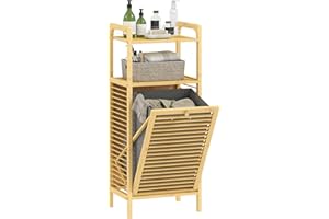 HOMCOM Armario de Baño Estrecho de Bambú Mueble Auxiliar de Baño 40x30x95 cm con 2 Estantes Abiertos Cesto Extraíble Asa y Diseño con Listones para Espacios Pequeños Natural