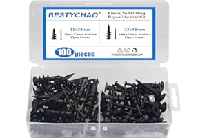 BESTYCHAO Kit de 100 chevilles et vis pour cloison sèche, 50 chevilles murales en nylon et 50 vis, kit d'assortiment de 2 tailles de chevilles autoperceuses pour mur en plaque de plâtre - Noir
