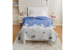 Qucover copriletto Singolo Cotone, Copriletto Singolo Bambino Tema Spaziale, Trapunta Letto Singolo con Con Motivi di Astronave, Astronauti, Stelle e Razzi 150x200_cm（Doppia faccia A/B con motivi）