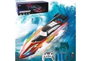 Zhwidnerso Remote Control Boat with LED Light, RC Boat Low Battery Alarm(Rechargeable), 2.4GHz RC Speed Boats Self-Righting 9.3MPH, 30 Mins, 2 Battery for Kids/Adults, Boys, for Pools/Lakes