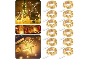 Guezuvoru Guirlande lumineuse LED à piles, 2 m, 10 LED, fil argenté, étanche, pour fête de mariage, chambre à coucher, décoration intérieure et extérieure (blanc chaud, lot de 12, 2 m)
