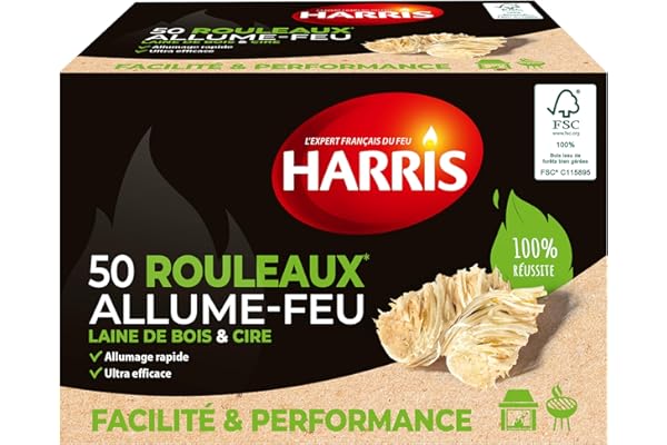 HARRIS - 50 Rouleaux Allume-feu - 100% naturels - Laine de Bois & Cire - Allumage Rapide - Ultra Efficace - Etui Carton refermable - Bois FSC - Fabrication Française - x50