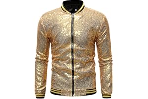 GENERIC Glitzer Jacket Herren Pailletten-Jacke Metallic Nachtclub Reißverschluss Bomberjacke 80er Jahre Outfit Herren Mode Casual Baseball Bomber Glänzende Jacke Disco Party Karneval Kostüm