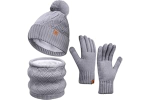 Kulamo Damen Winter Beanie Mütze Schal Touchscreen Handschuhe Set | Warme Wintermütze mit Bommel Loop Schal Thermo Winterhandschuhe | Weihnachten Geschenk für Frauen