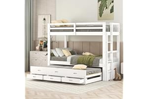 Kehun Kinderbett Etagenbett 90x200 für 2-3 Kinder, Hausbett Hochbett mit Ausziehbares Rollbett und 3 Stauraum Schubladen, Bett mit Rausfallschutz und Leiter, Lattenrost aus Holz, Weiß, Ohne Matratze