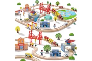 TINY LAND Juego de tren de madera, 110 piezas, pistas de tren de madera y trenes para niños, se adapta a Thomas, Brio, Melissa y Doug - Juguete de tren para niñas y niños de 3 a 4 a 5 años
