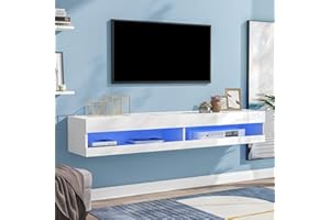 Merax Stand Cabinet with LED Lights, Floating Unit Entertainment Center Media Console, Wall Mounted High Gloss Modern Storage Shelf for up to 65" TV, White, 140x40x30.5cm