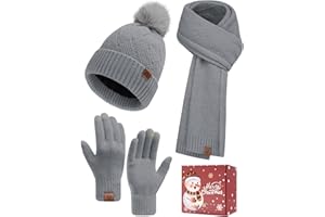 Voqeen Damski szalik czapka zestaw rękawiczek zimowych, ciepły, miękki szal z dzianiny, długi, gruby polar, czapka beanie, czapka z pomponem, ekran dotykowy, zestaw upominkowy dla kobiet 3 w 1