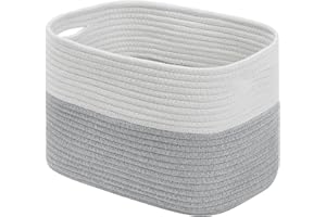 PATVINGOT Woven Cotton Rope Storage Boxs With Hollow Handle, Toy Storage Baskets for Shelves Bathroom Towel. (White/ Grey, 1 Pack)