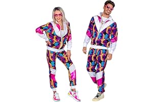 Widmann - Kostium dresowy w stylu lat 80. XX wieku, świeci pod światłem UV, kurtka i spodnie, strój do biegania, styl retro, impreza z guzikami, karnawał
