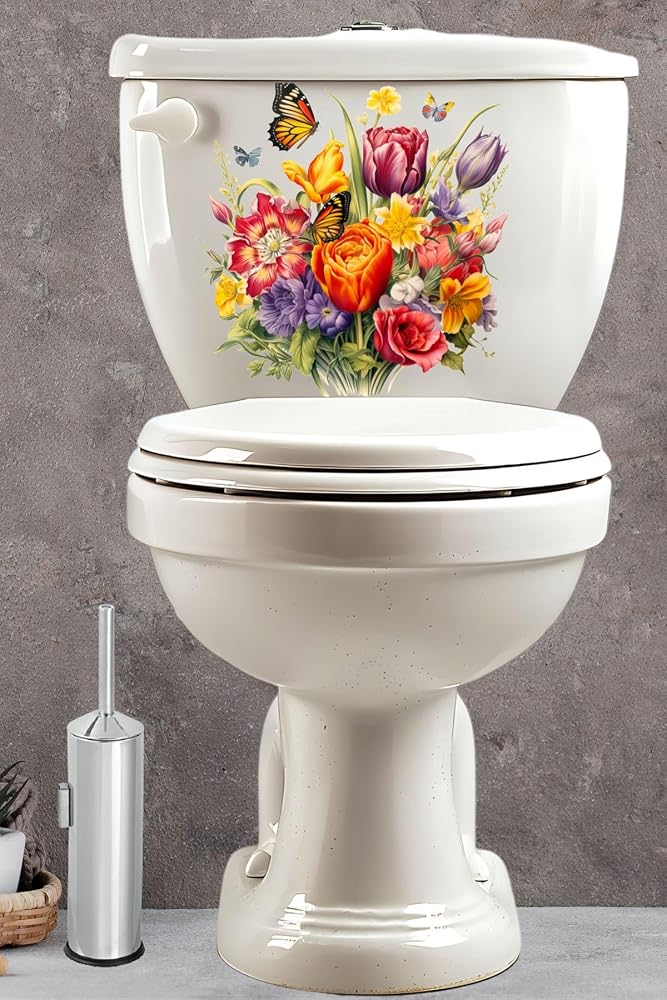 Klozet Sticker Renkli Güller Demeti ve Kelebekler Temalı Banyo Tuvalet Sticker