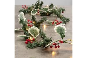 GloBrite 2M Berry & Leaf Christmas Garland with 20 Led Lights - Battery Operated Xmas Garland for Indoor Décor, Stairs, Doorways & Fireplace, Versatile Christmas Decorations