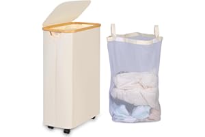 iEGrow Wäschekorb mit Rollen 75L, Wäschesammler Schmal mit Herausnehmbarer und Waschbarer Innentasche, Laundry Baskets Wäschekörbe mit Deckel für Kleidung, Spielzeug, Handtücher (Beige)