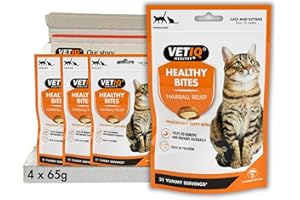 VETIQ Healthy Bites Hairball Relief Treats For Cats & Kittens 12+ Weeks, Tasty Supplements to Help Prevent & Remove Hairballs, 65 g (Pack of 4)