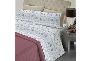 BANZAII TEXTILE INNOVATOR ONLINE Banzaii Set Completo Lenzuolo Matrimoniale con Federe Cuscino, 100% Cotone, Viviana Azzurro, Made in Italy