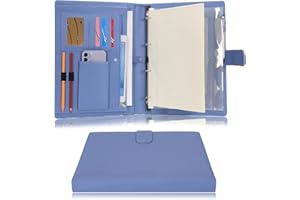 Wonderpool A4 PU Leather 4 Ring Holder Writing Portfolio Multi Document Case with Removable Binder Clipboard and Functional Pocket for Organizer Office Travel School (Blue)