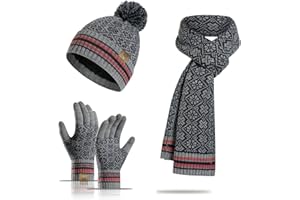 INSISMY Chapeau Écharpe Gants Ensemble pour Femmes Hommes Hiver Doux Chapeau Tricoté Longue Écharpe Bonnet et Écran Tactile Gants Motif Flocon De Neige 3 PCS Unisexe