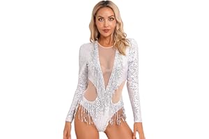 YiZYiF Body da Balletto Donna Paillettes Glitter Leotards Vestito Danza Classica con Frange Abito da Ballo Body da Ginnastica Artistica Jazz Danza Performance
