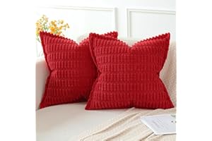 Artscope Red Cushion Covers Set of 2 Corduroy Decorative Square Striped Pillowcase with Stitched Edge Pillow Covers 40x40cm for Home Decor Sofa Bedroom Car