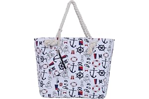 DonDon Bolsa de playa grande con cremallera 58 x 38 x 18 cm diseño marítimo barco blanco azul rojo shopper bolsa de hombro estilo de yate (yacht style)