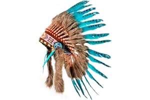 Pink Pineapple Coiffe Indienne en Plumes d'origine Responsable - Warbonnet Style Indiens d’Amérique Fait Main - d’Inspiration amérindienne, Artisanale & éthique - Courte Longueur - Turquoise