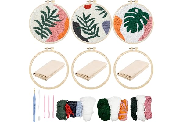Allazone Punch Needle Kit de broderie pour débutants, aiguille à poinçonner, kit de démarrage avec motif de feuilles, fils, cadre à broder, outil d'enfilage et instructions (français non garanti)