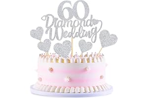 Blumomon 25Pcs 60th Wedding Anniversary Cake Toppers Silver Glitter 60th Diamond Weddding Anniversary Heart Cake Decoration for Celebration 60th Wedding Anniversary Party Supplies