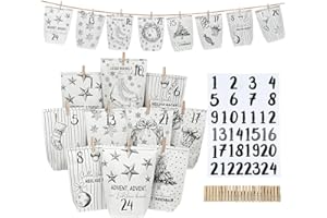 DECHISY Adventskalender Tüten, 24 Papiertüten Adventskalender mit Zahlenaufklebern & Klammern, Diy adventstüten zum Befüllen, Weihnachten Geschenke Machen