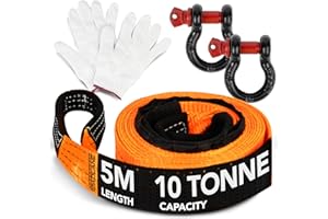 GADLANE Hi Vis Tow Rope - 5m x 5cm Thick, 10-Tonne Capacity (22,000Lbs) Wear-Resistant Polyester with Reinforced Ends, UV Coated Tow Strap, Heavy Duty D-Ring Shackles, Storage Bag & Gloves - ORANGE