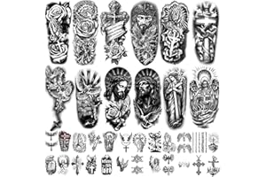 ATYDKUG 77 Feuilles de Croix Chrétienne Tatouage Temporaire pour Femmes et Hommes, 17 Demi Bras Dieu Religieux Jésus Faux Tatouages, 60 Anges Christ Noir Petits ​​​​Corporels Adultes Autocollants Réalistes